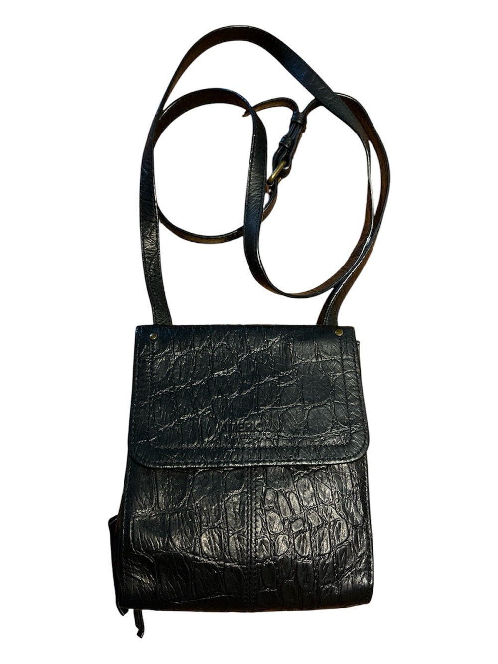 🖤American Leather Textured Black Croc-Embossed Crossbody Bag
